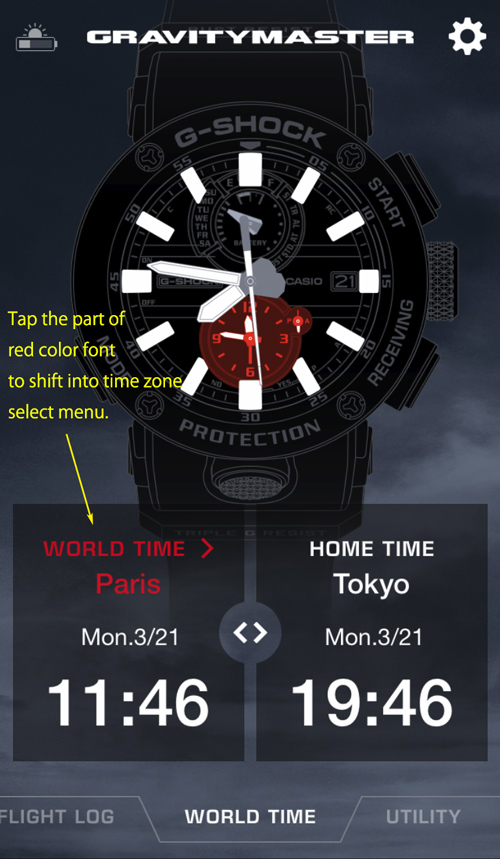 G-SHOCK Connected / WORLD TIME / Tap red color font